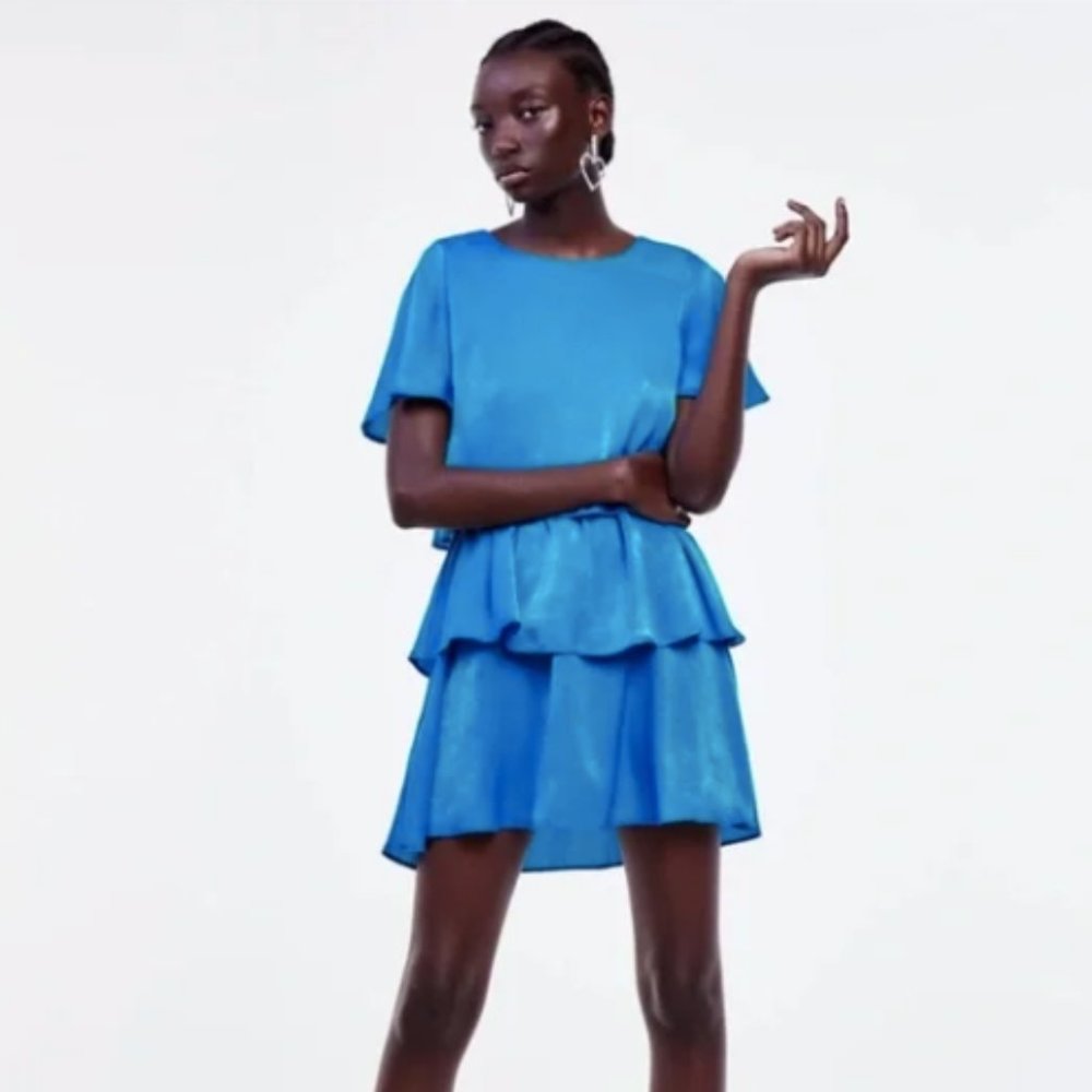 Zara | Turquoise Blue Satin Tiered Ruffle Dress